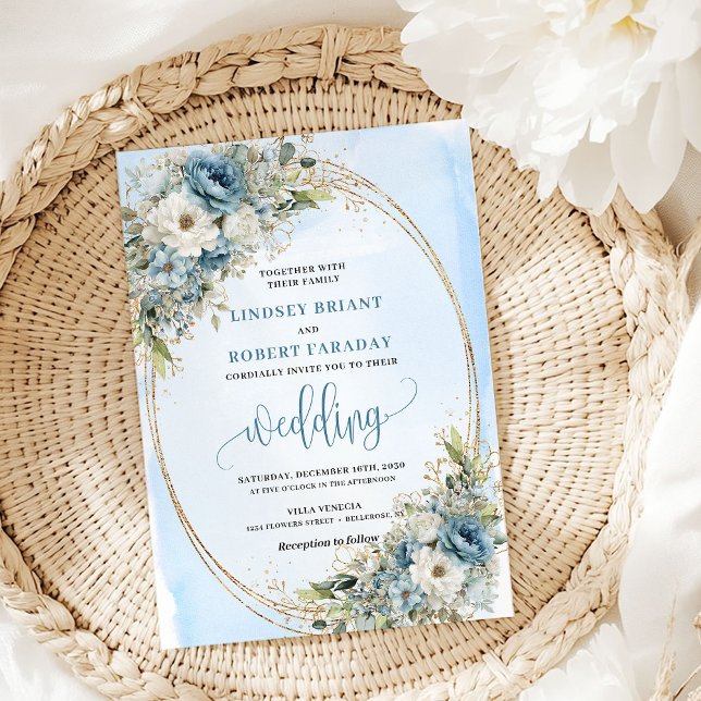 Invitación Chic Watercolor Blue Flowers Gold Glitter Wedding (Watercolor Blue Flowers Gold Glitter Wedding Invite)