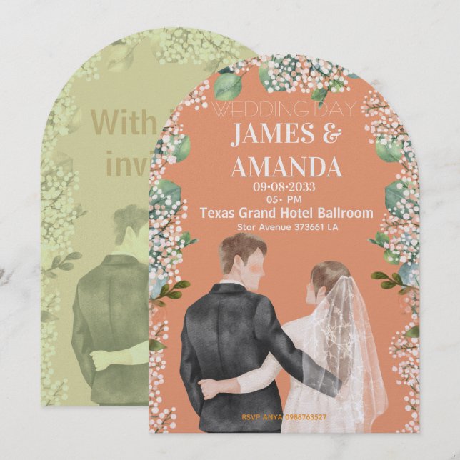 Invitación Chic Watercolor Couple On Budget Wedding  (Anverso / Reverso)