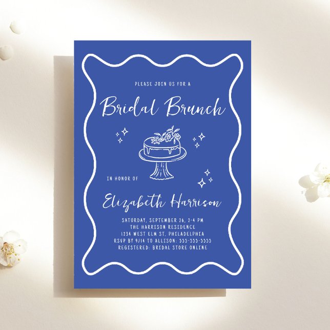Invitación Chic Wavy Frame French Blue Bridal Brunch Shower (Chic Wavy Frame French Blue Bridal Brunch Shower Invitation)