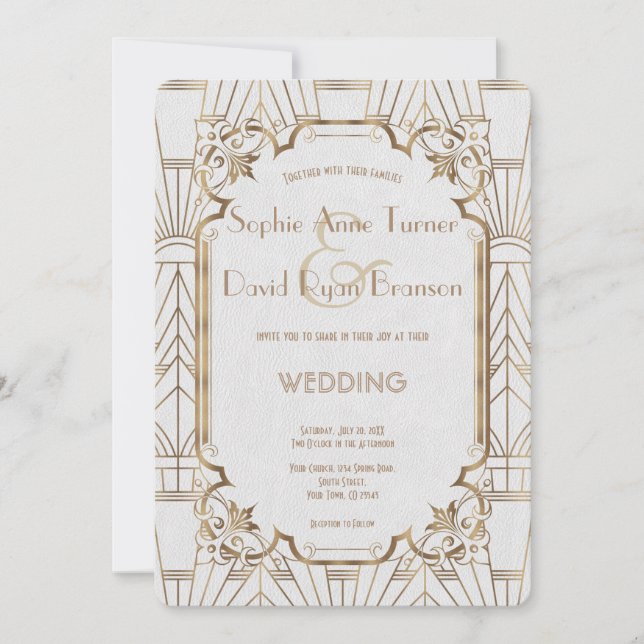 Invitación Chic White Gold Great Art Deco Wedding (Anverso)
