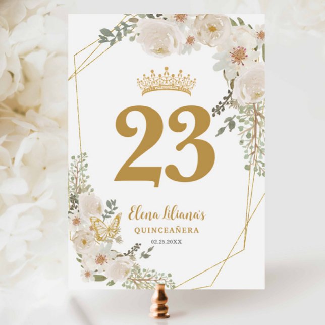 Invitación Chic White Ivory Floral Quinceanera Table Number (Subido por el creador)