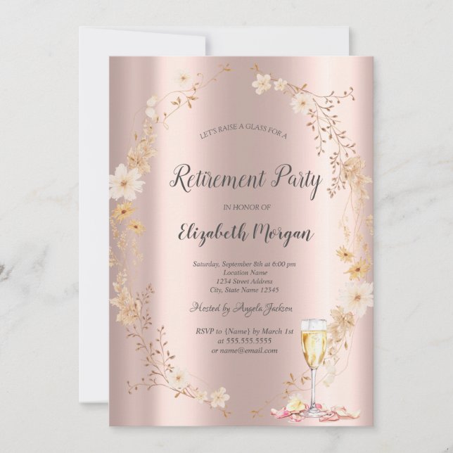 Invitación Chic Wildflower Champagne Rose Gold Retirement  (Anverso)