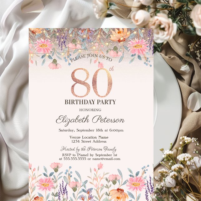 Invitación Chic Wildflowers Glitter String Lights 80th  (Subido por el creador)