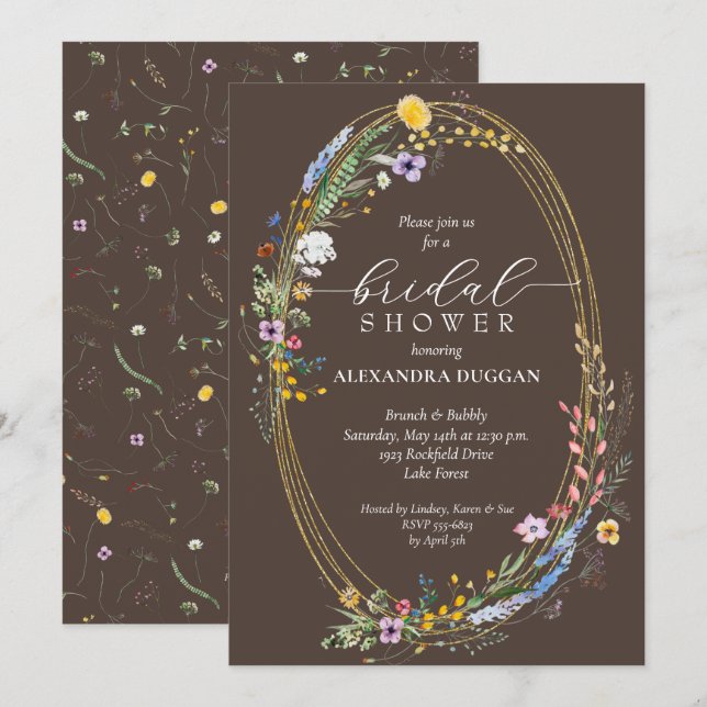 Invitación Chic Wildflowers on Brown Bridal Shower (Anverso / Reverso)