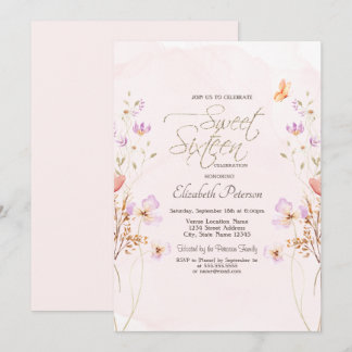 Invitación Chic Wildflowers Pink Watercolor Sweet 16