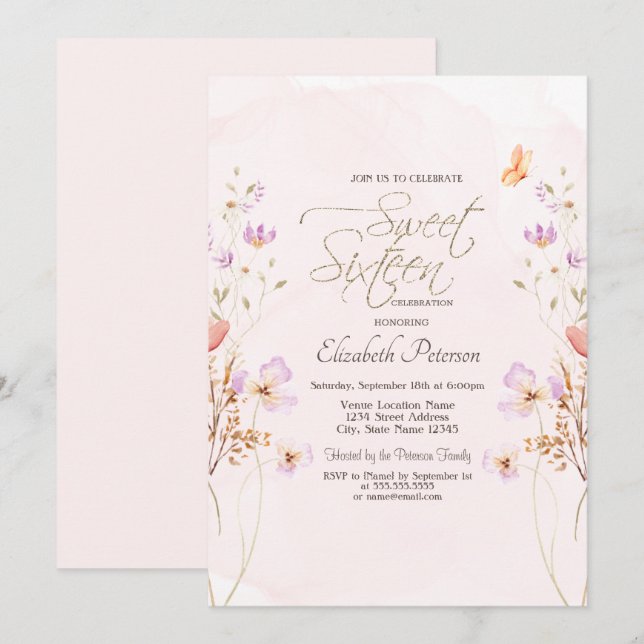 Invitación Chic Wildflowers Pink Watercolor Sweet 16 (Anverso / Reverso)