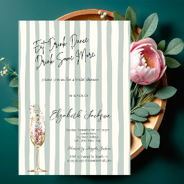 Invitación Chic Wine Glass Confetti Green Striped 