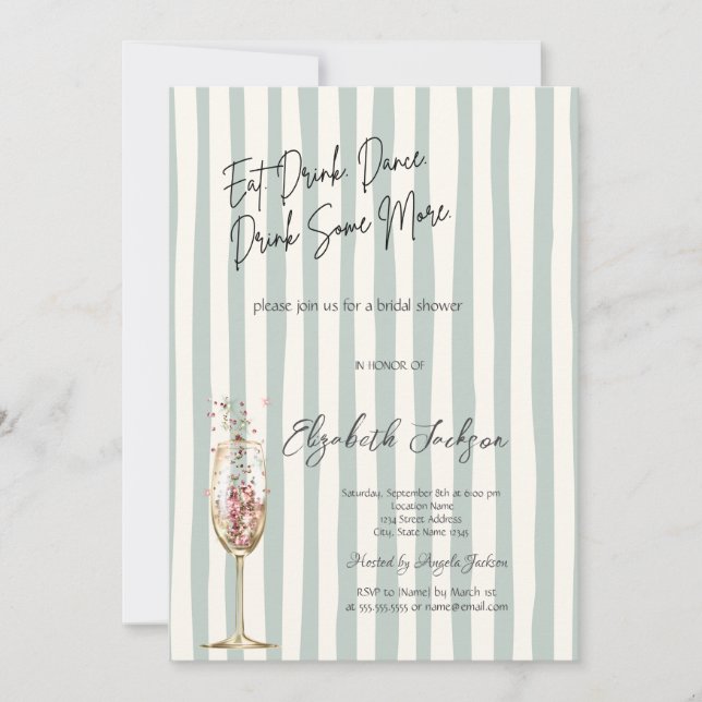 Invitación Chic Wine Glass Confetti Green Striped  (Anverso)