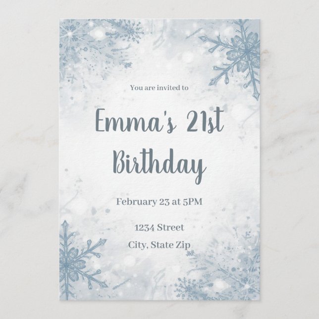 Invitación Chic Winter 21st Birthday Invitation – Snowflakes (Anverso)