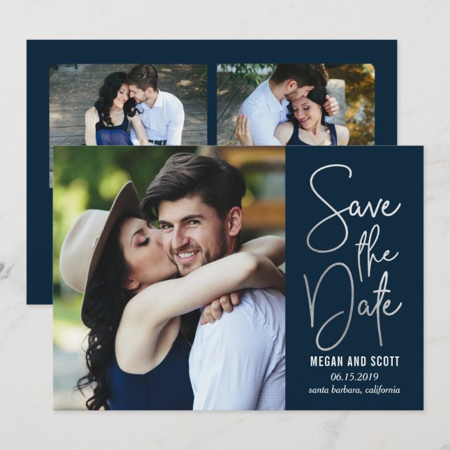 Invitación Chic Writing EDITABLE COLOR Guardar la Fecha Silve (Anverso / Reverso)