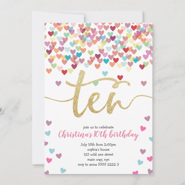 Invitación Chica 10 años Corazones Confetti Purpurina arcoiri (Anverso)