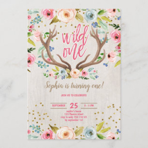 Invitación Chica 1.º Antlers de ciervos Rustic Wild uno