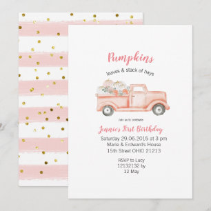 Invitación Chica 1 cumpleaños Camión de calabaza rosa Cumplea