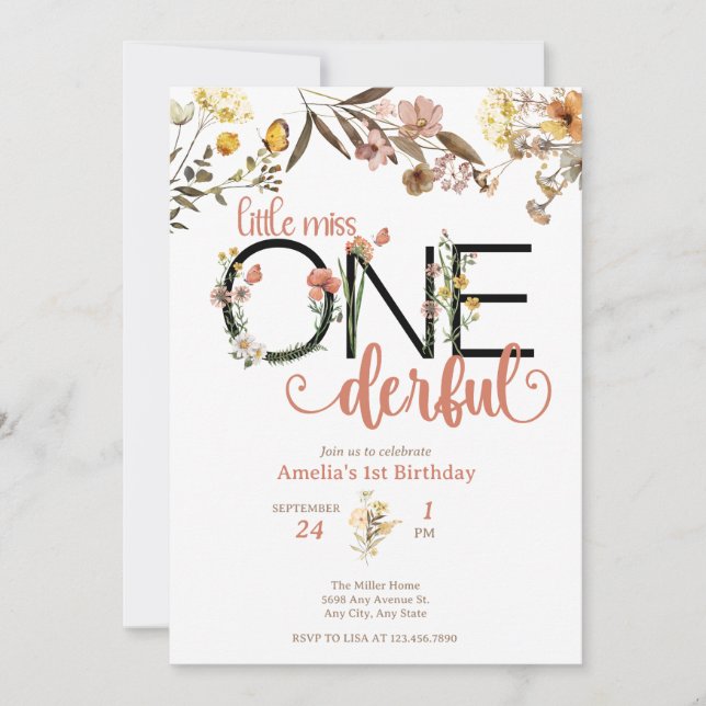 Invitación Chica 1 cumpleaños | Pequeña Miss Onemaravilloso (Anverso)