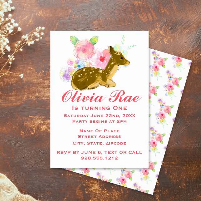 Invitación Chica 1Cumpleaños Woodland Pink Floral (Girl's 1st Birthday Woodland Pink Floral Invitation
)