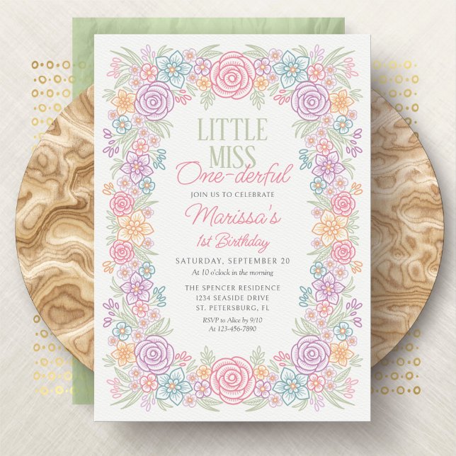Invitación Chica 1er cumpleaños Miss Una Maravillosa Floral (Subido por el creador)