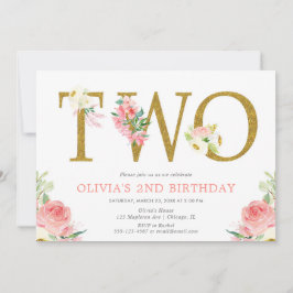 Invitación Chica 2º cumpleaños color rosa rosa y dorado flora