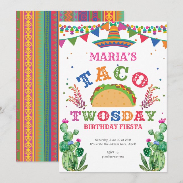 Invitación Chica, 2º cumpleaños de Taco, Fiesta, Taco dos día (Anverso / Reverso)