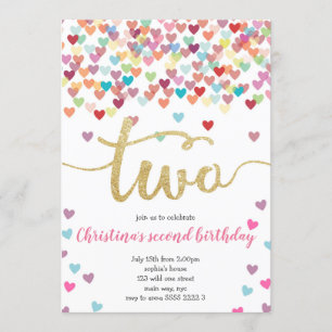 Invitación Chica 2.º cumpleaños Corazón de arcoiris Confetti