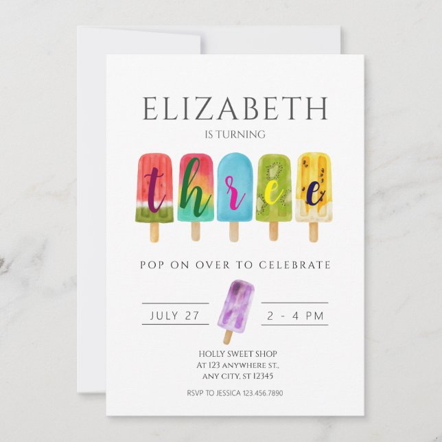 Invitación Chica 3º cumpleaños Paleta de veraneo helado (Anverso)
