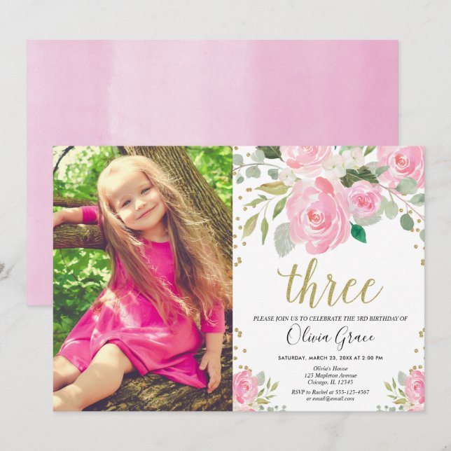 Invitación Chica 3 cumpleaños purpurina de oro rosa (Anverso / Reverso)