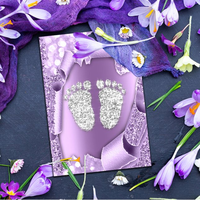 Invitación Chica 3d Violet Silver Purple Baby Shower Feet Boy (Subido por el creador)