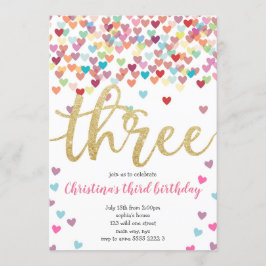 Invitación Chica 3er cumpleaños Confetti Purpurina arcoiris