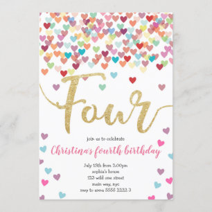 Invitación Chica 4.º cumpleaños Corazón de arcoiris Confetti