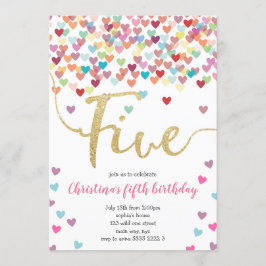 Invitación Chica 5 Corazones de Cumpleaños Confetti Purpurina