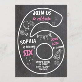 Invitación Chica 6° cumpleaños número de pizarra rosa