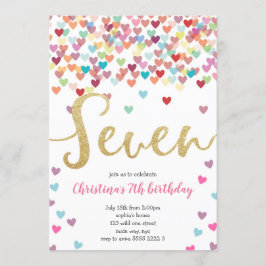 Invitación Chica 7 Corazones de Cumpleaños Confetti Purpurina