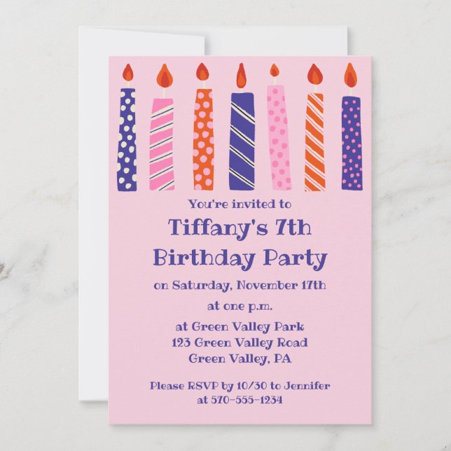 Invitación Chica 7 cumpleaños 7 Fiesta de Velas Púrpura y Ros (Anverso)