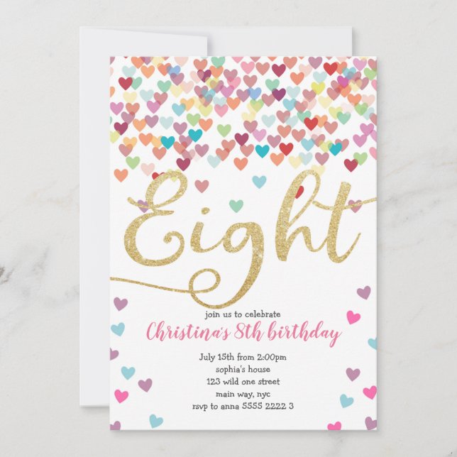 Invitación Chica 8vo Corazones de cumpleaños Confetti Purpuri (Anverso)