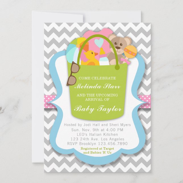 Invitación chica a Baby Shower - Cubo de cosas (Anverso)