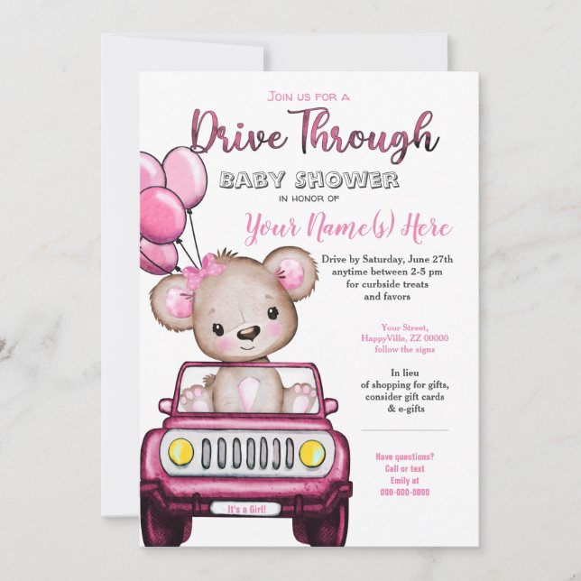 Invitación Chica A Través De Baby Shower Teddy Bear (Anverso)