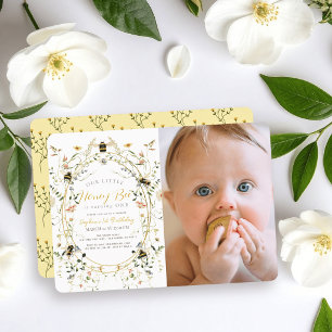Invitación Chica Abeja de Miel Flores Silvestres Foto Cumplea