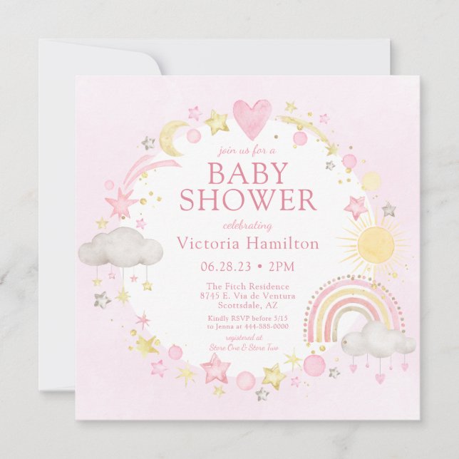 Invitación Chica acuarela Arcoiris Baby Shower (Anverso)