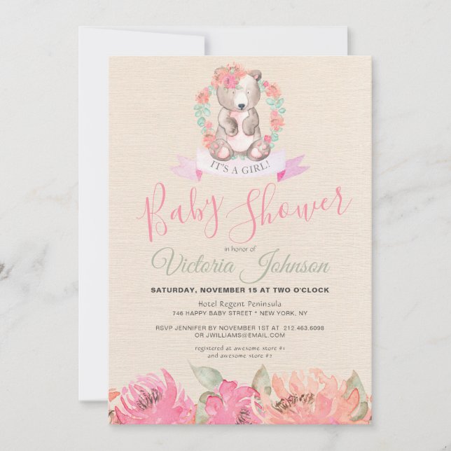 Invitación Chica acuarela Bear Bear Woodland Floral (Anverso)