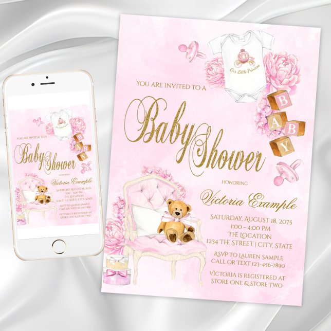 Invitación Chica acuarela rosa Oro Teddy Bear Baby Shower (Girl Watercolor Pink Gold Teddy Bear Baby Shower Invitation. Download and printed available.)