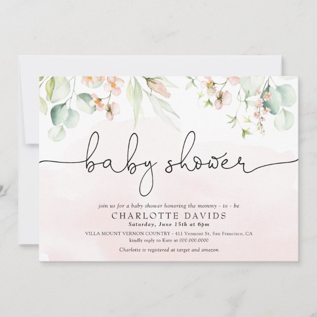 Invitación Chica acuarela Rubor rosa Floral Baby Shower (Anverso)