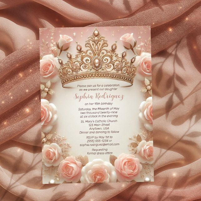 Invitación Chica adolescente elegante Rosas de Rubor coronan  (Teen Girl Elegant Blush Roses Crown Quinceañera Invitation)