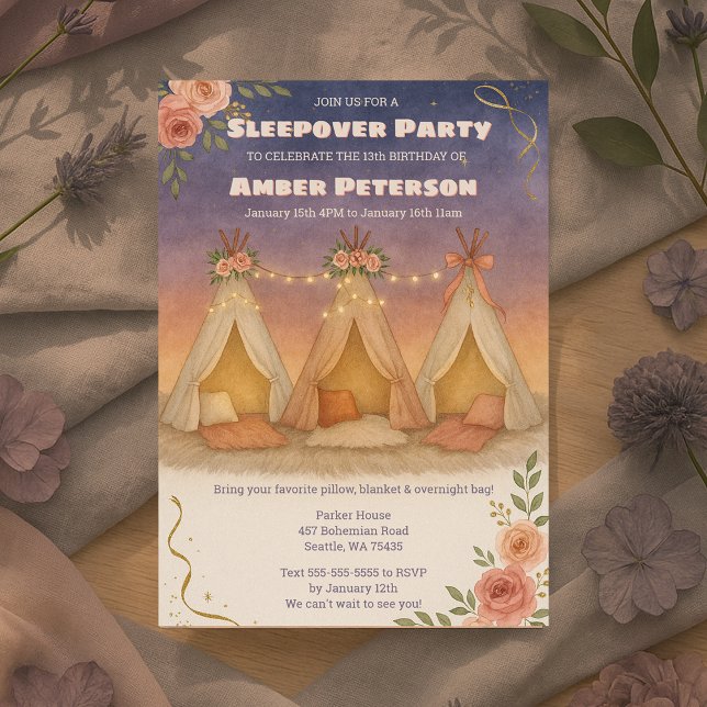 Invitación Chica adolescente Encantador Sleepover Fiesta de C (Teenage Girl Charming Sleepover Birthday Party Invitation)