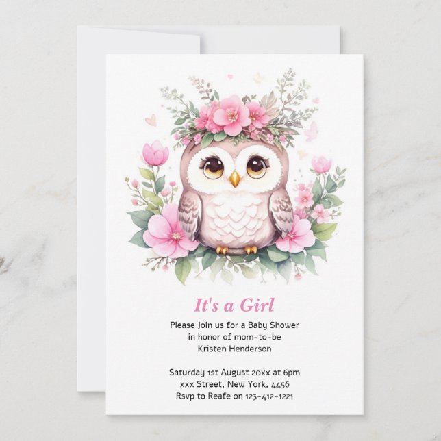 Invitación Chica Adorable De Lechuza Rosa Baby Shower (Anverso)
