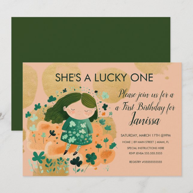 Invitación Chica Afortunada de Cumpleaños de San Patricio Fie (Anverso / Reverso)