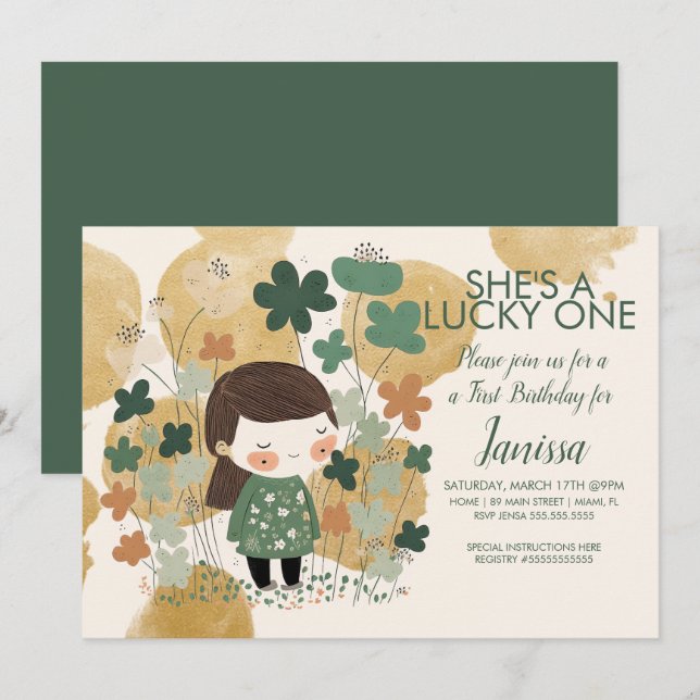 Invitación Chica Afortunada de Cumpleaños de San Patricio Tré (Anverso / Reverso)