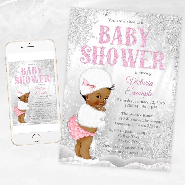 Invitación Chica africana Winter Wonderland Baby Shower (Girl winter wonderland baby shower invitation with African baby girl. For instant download & Print.)