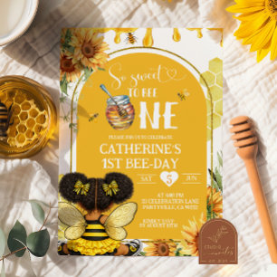 Invitación Chica Afro Africana Girasol Abeja de Miel 1er Cump