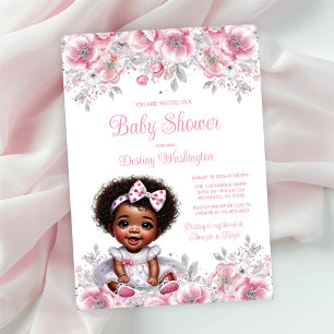 Invitación Chica Afro con Plata Rosa Baby Shower 