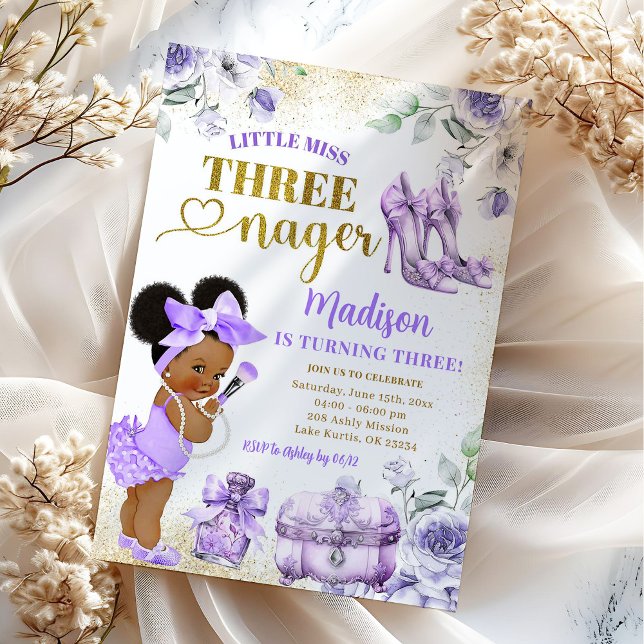 Invitación Chica Afro Morple Gold Little Miss Threenager Fies (Subido por el creador)