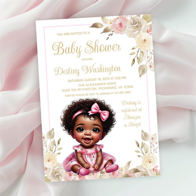 Invitación Chica Afro Oro Rosa Baby Shower (Simply add your event details to this adorable baby shower invitation.)